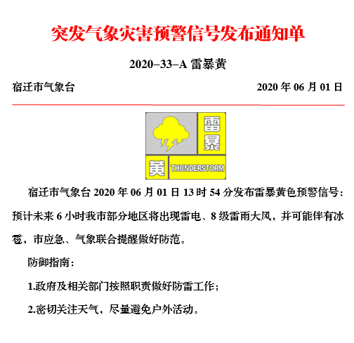 |刚刚，宿迁气象台发布雷暴黄色预警！