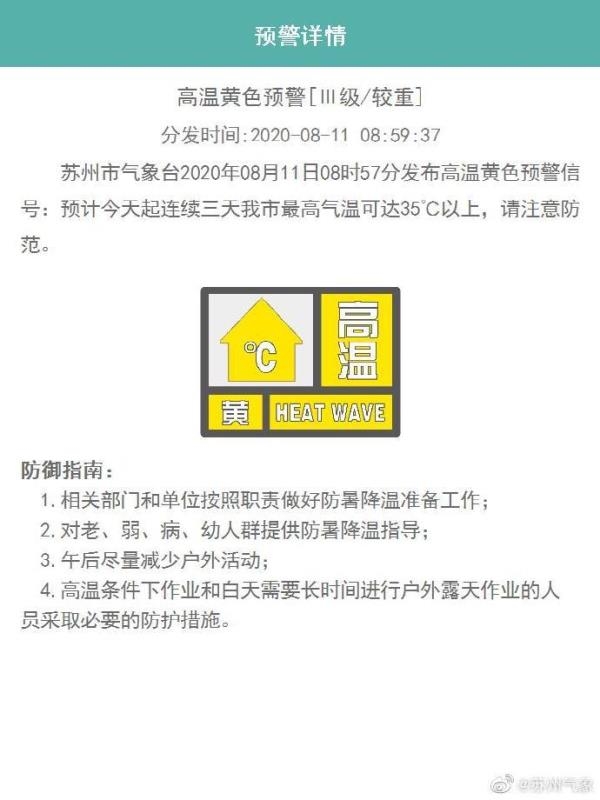 苏州市|高温黄色预警！预计今起连续三天35℃以上