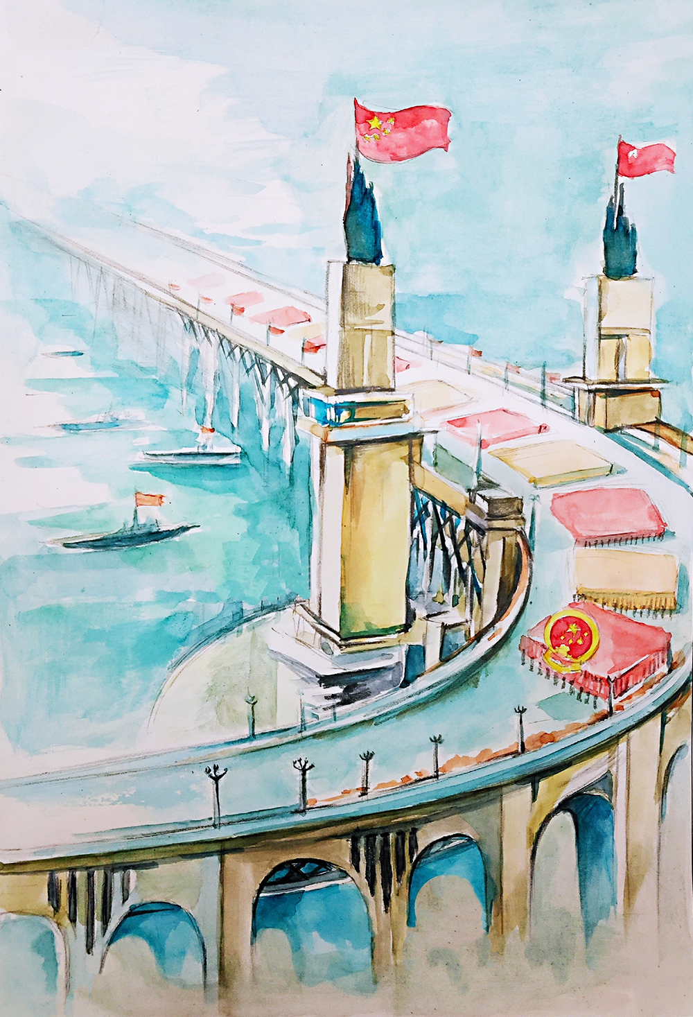南京长江大桥绘画图片